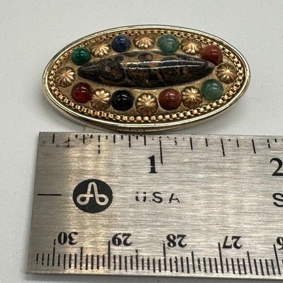 Michal Golan 1.5" Oval Brooch Pin Pendant Gold Tone Goldstone Jasper Aventurine - Picture 8 of 9
